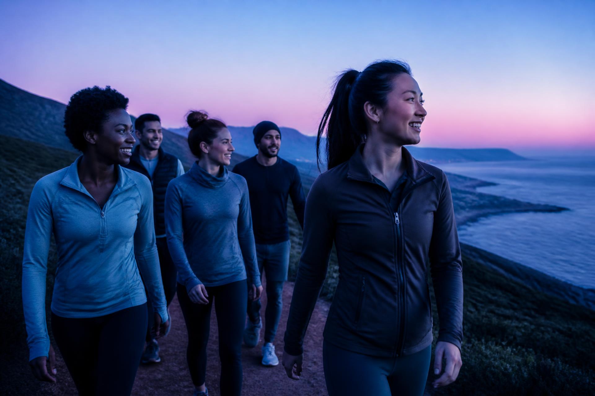Members of the community walking together at sunrise
