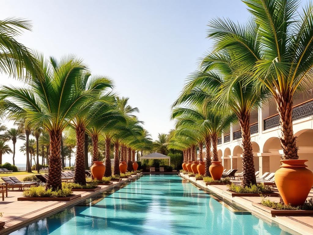 Palm-lined resort pool on a sunny day