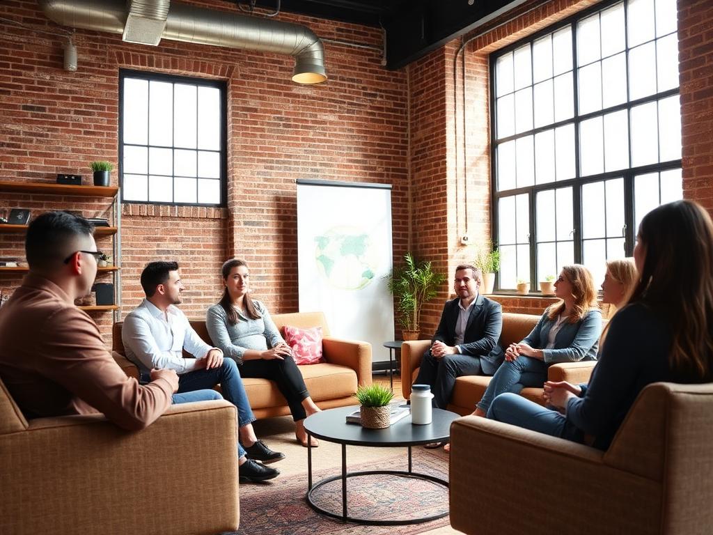 Team listening to a speaker in a loft office
