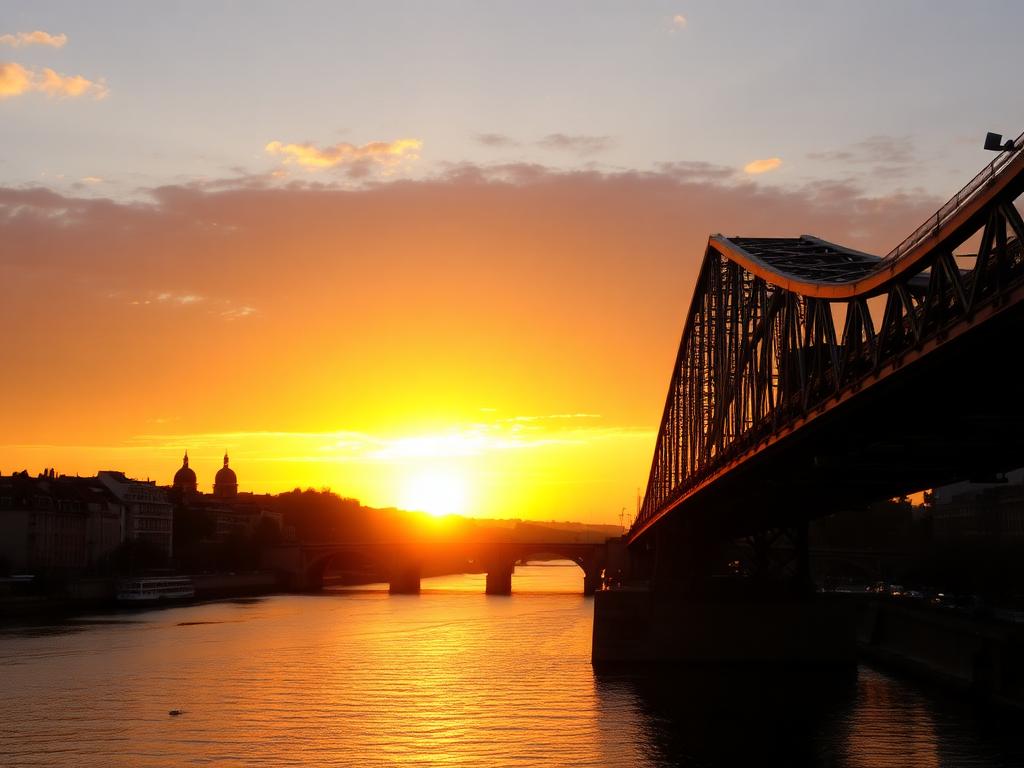 Sunset over a riverside city with a steel bridge
