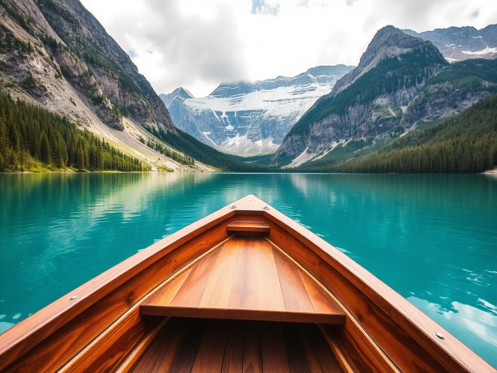 View from a wooden boat on a turquoise mountain lake